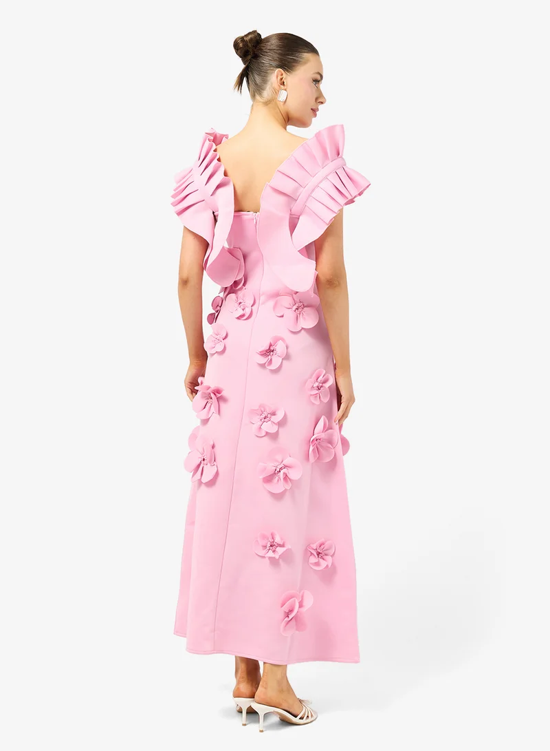 Ginger Boutique Ruffle Sleeve 3D Floral Detail Gown